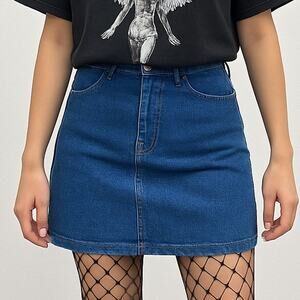New‎ 14 ASOS Medium Wash High Rise Stretch Denim Mini Skirt Jean Pockets Vintage